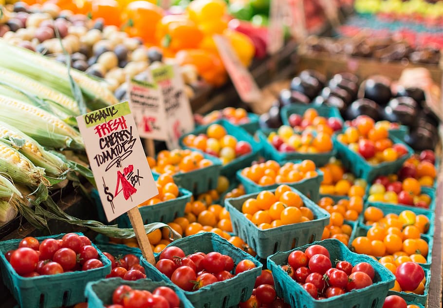cherry, tomatoes, fruits, corn, market, sell, sign, price, orange HD wallpaper