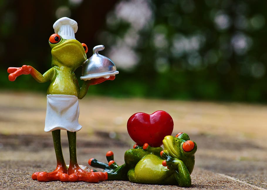 bokeh shot of two green chef frogs figurines, cooking, love, valentine's day