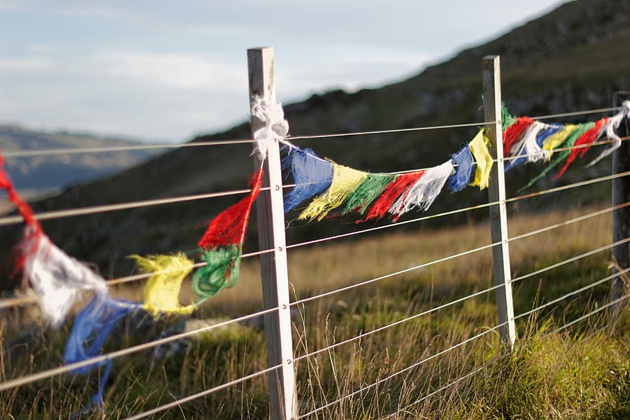 Tattered Bunting, multicolored buntings on wooden fence, post