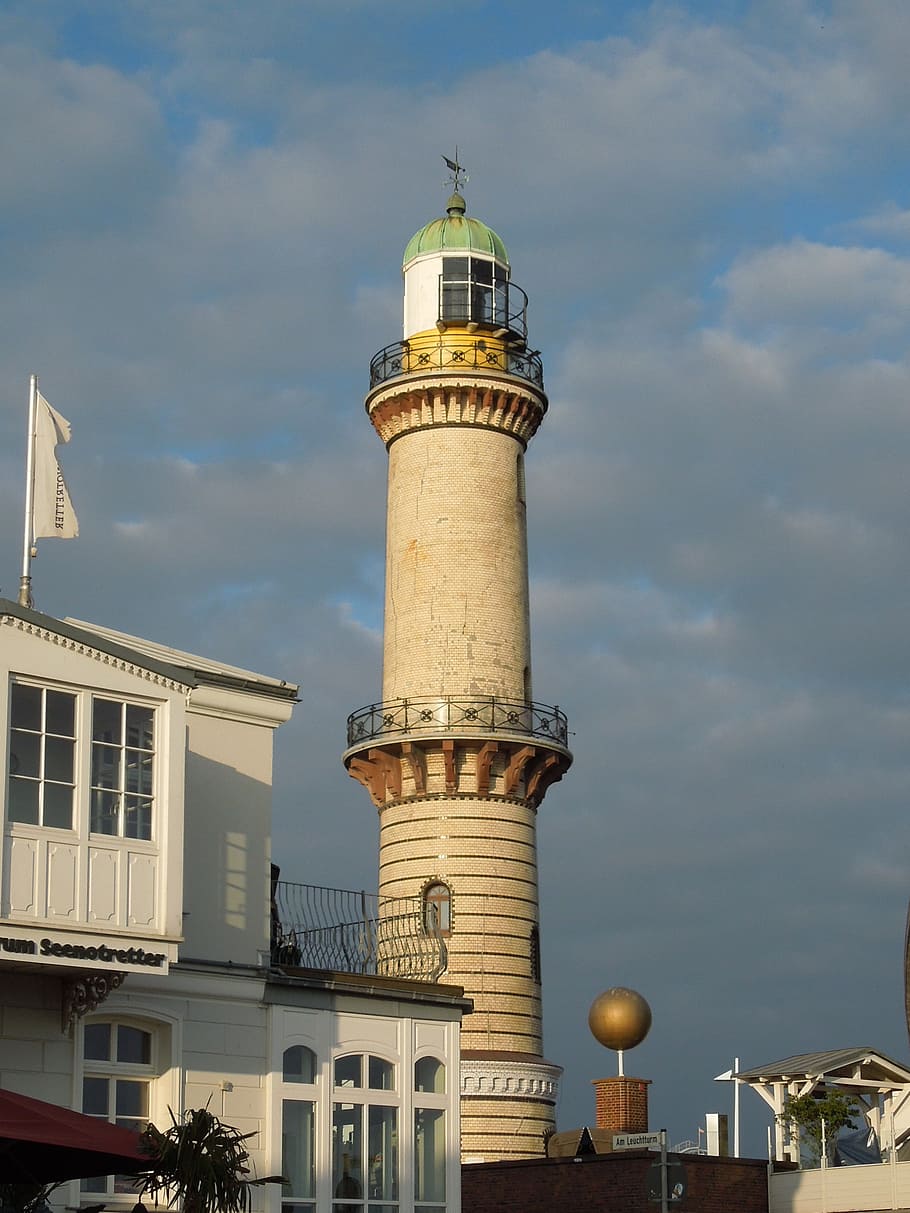 warnemünde, lighthouse, sky, baltic sea, coast, clouds, tower HD wallpaper