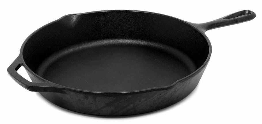 black frying pan, cast, iron, cut out, white background, black color