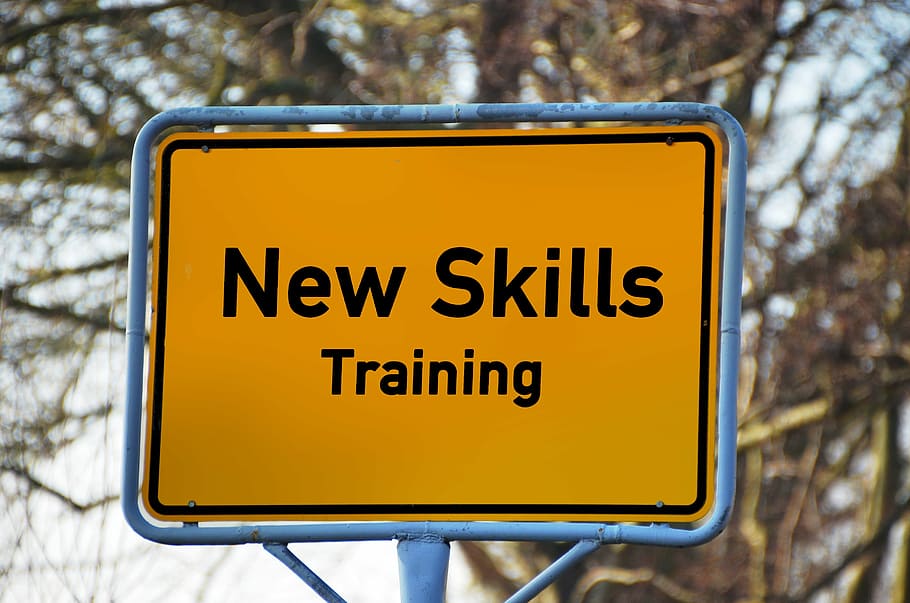 New Skills Training signage, town sign, teaching, concept, presentation