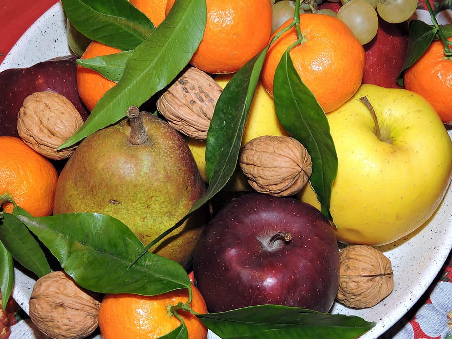 fruit, apple, pera, orange, tangerine, grapes, walnut, leaves