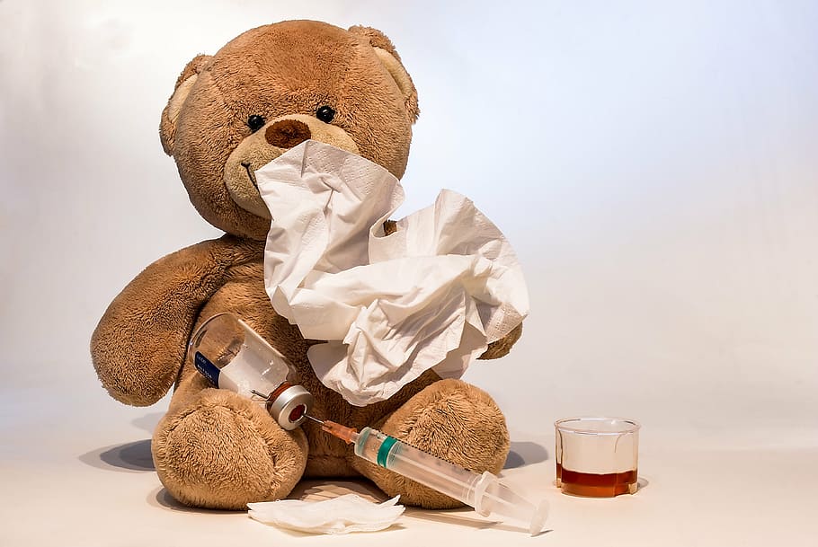 brown bear plush toy, cold, flu, ill, syringe, flu vaccination