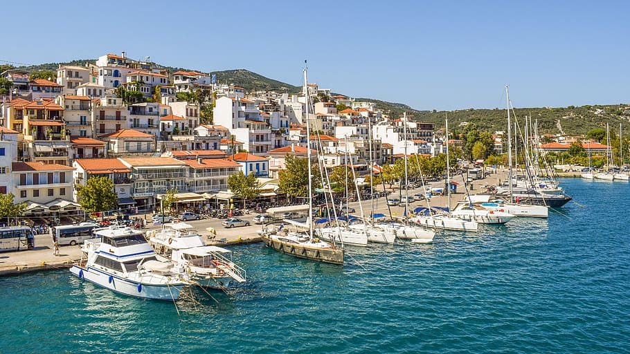 white ships surrounded by concrete buildings, greece, skiathos HD wallpaper