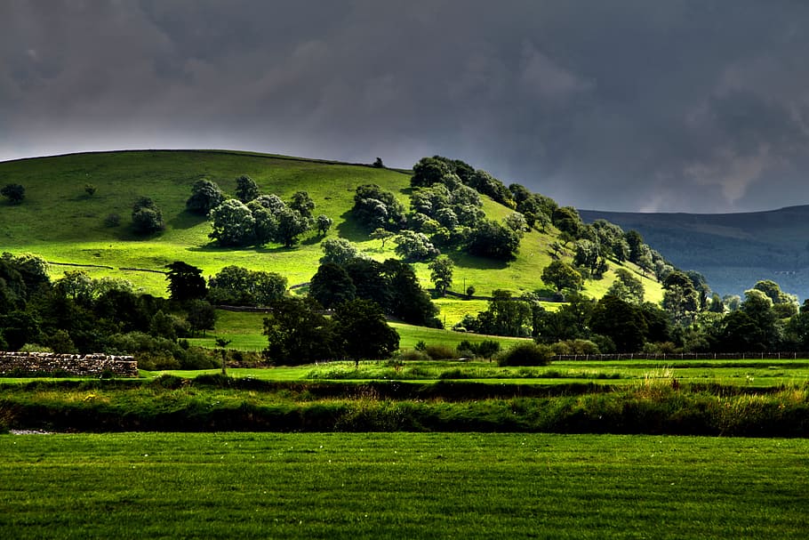 landscape photography of green hills and trees, Clouds, Country HD wallpaper