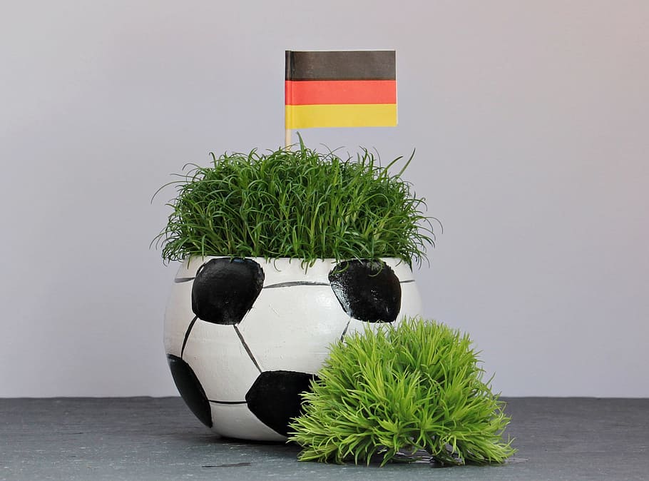 white and black soccer ball-themed pot with green grass and Germany flag decor, HD wallpaper