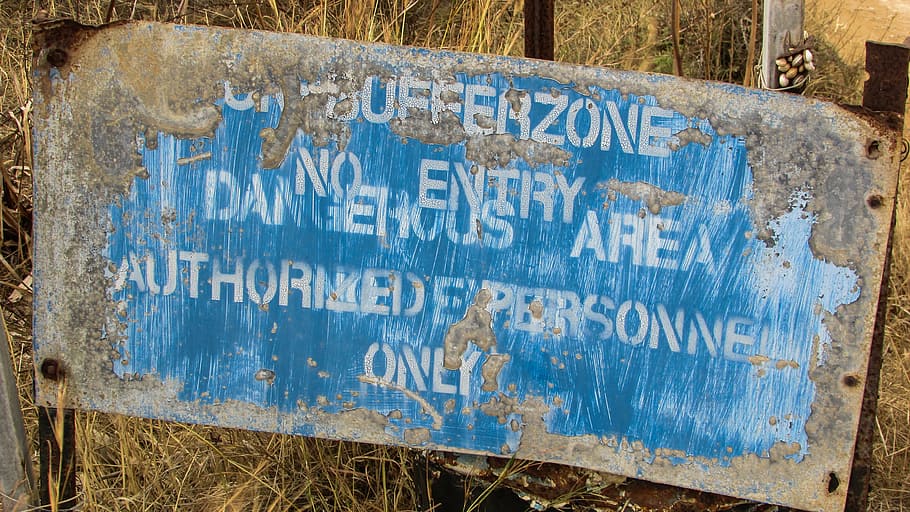 cyprus, famagusta, buffer zone, warning, sign, old, rusty, united nations HD wallpaper