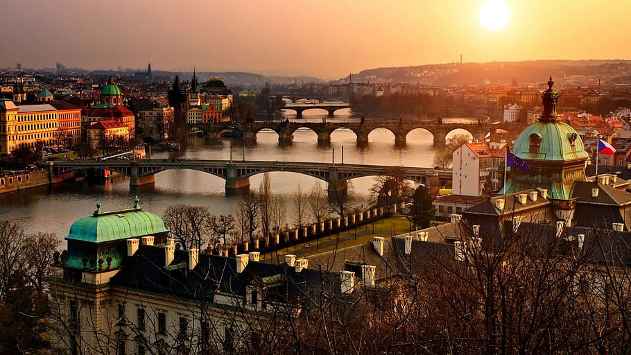 buildings and bridges during sunset, prague, panorama, architecture HD wallpaper