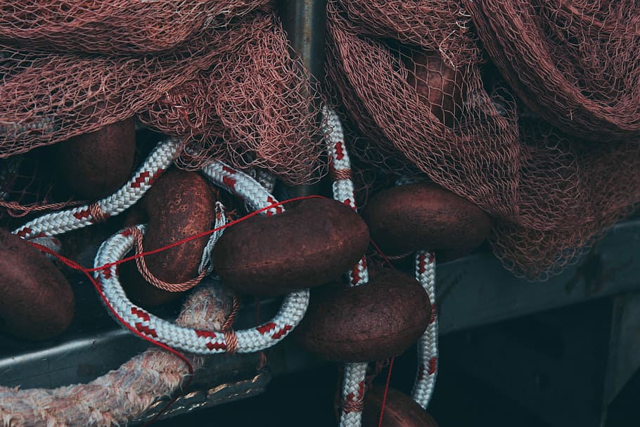 brown fish net, photo of brown fishing net with floaters, macro HD wallpaper