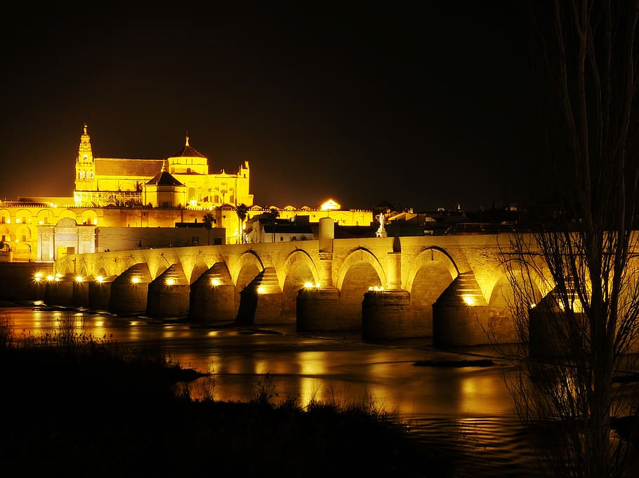 Cordoba, Roman Bridge, Mosque, the roman bridge, night, reflection, HD wallpaper