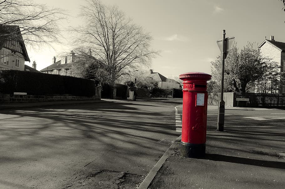 selective color photo of red water hydrant, mailbox, england HD wallpaper