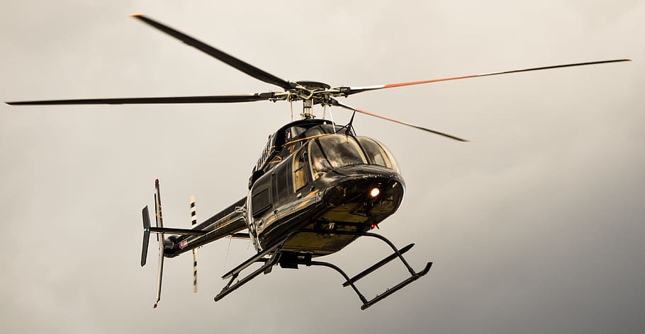 black helicopter, fly, sky, transportation, air vehicle, propeller HD wallpaper