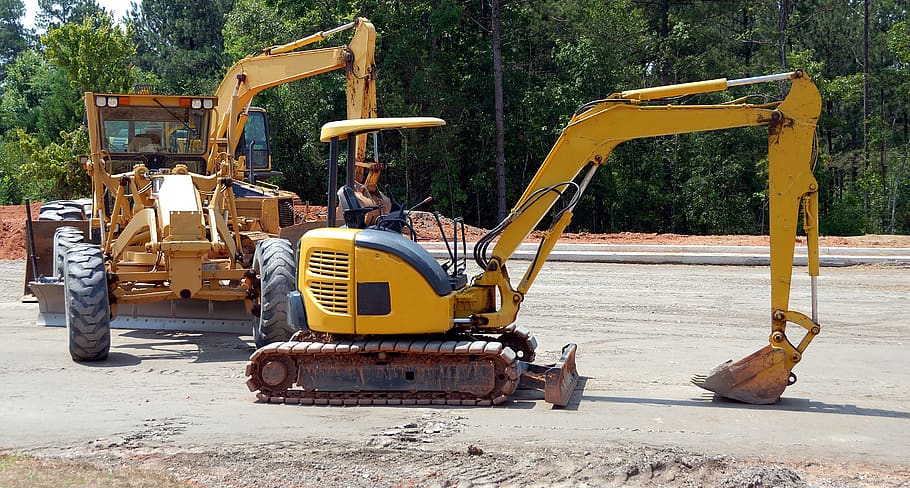 construction site, heavy equipment, backhoe, bulldozer, industrial