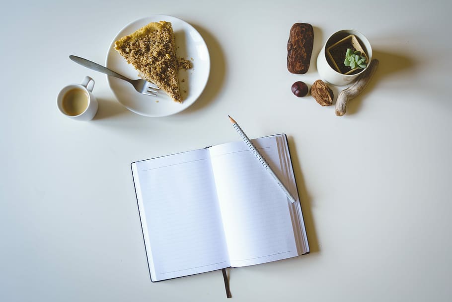 Journaling with cake and coffee, drink, espresso, top view, white background HD wallpaper