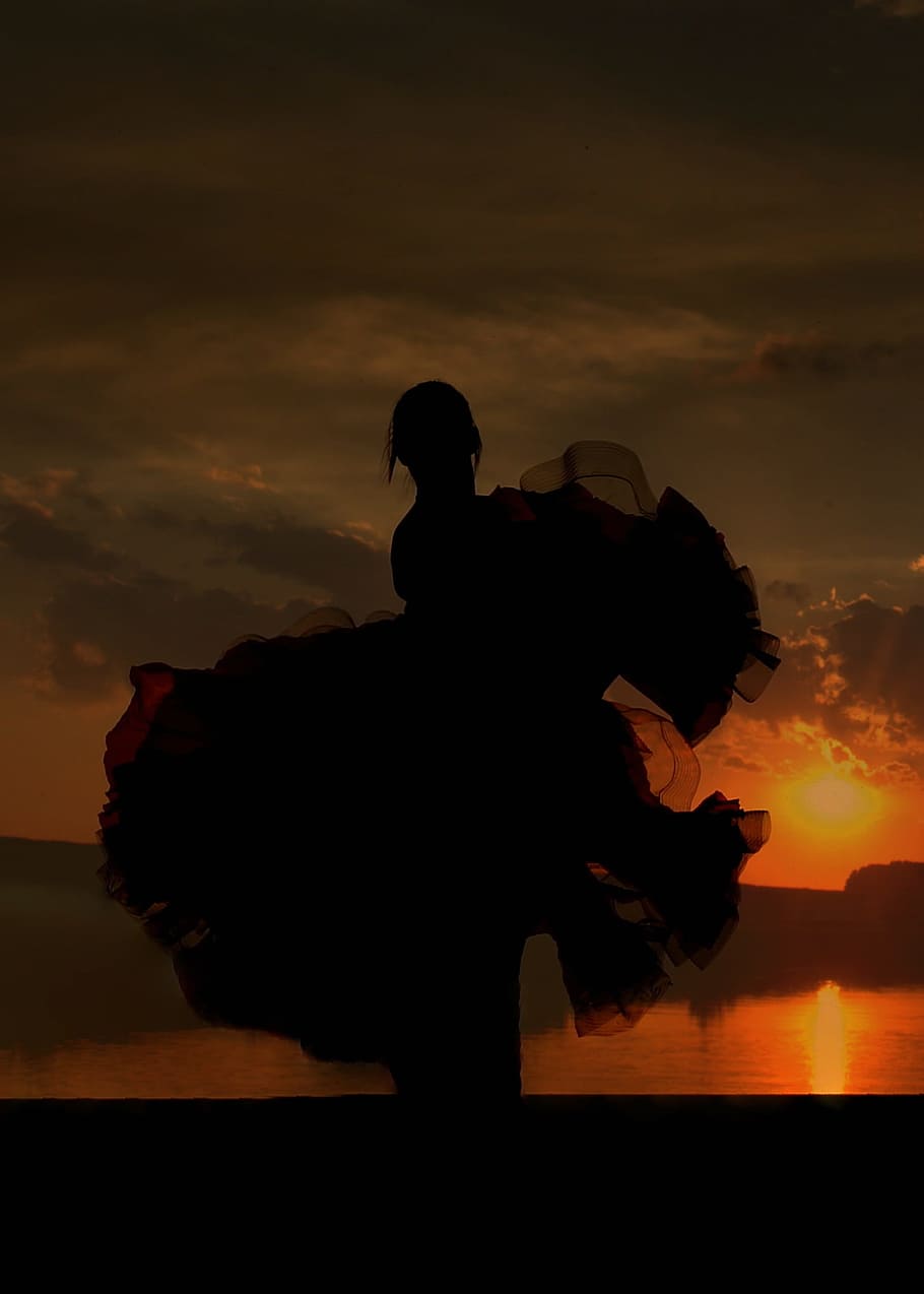 dancer, dress, sunset, sky, cloud, red, water, reflection, silhouette HD wallpaper