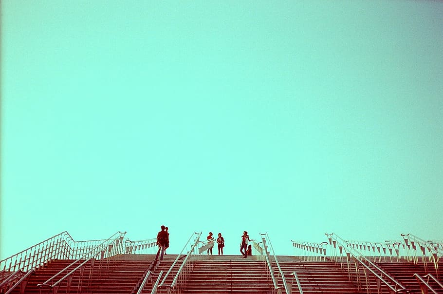 sky, stairs, blue, group of people, copy space, women, adult HD wallpaper