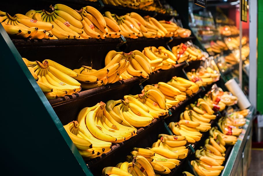 bananas on fruit store rack, Mart, Stores, large stores, hypermarkets HD wallpaper