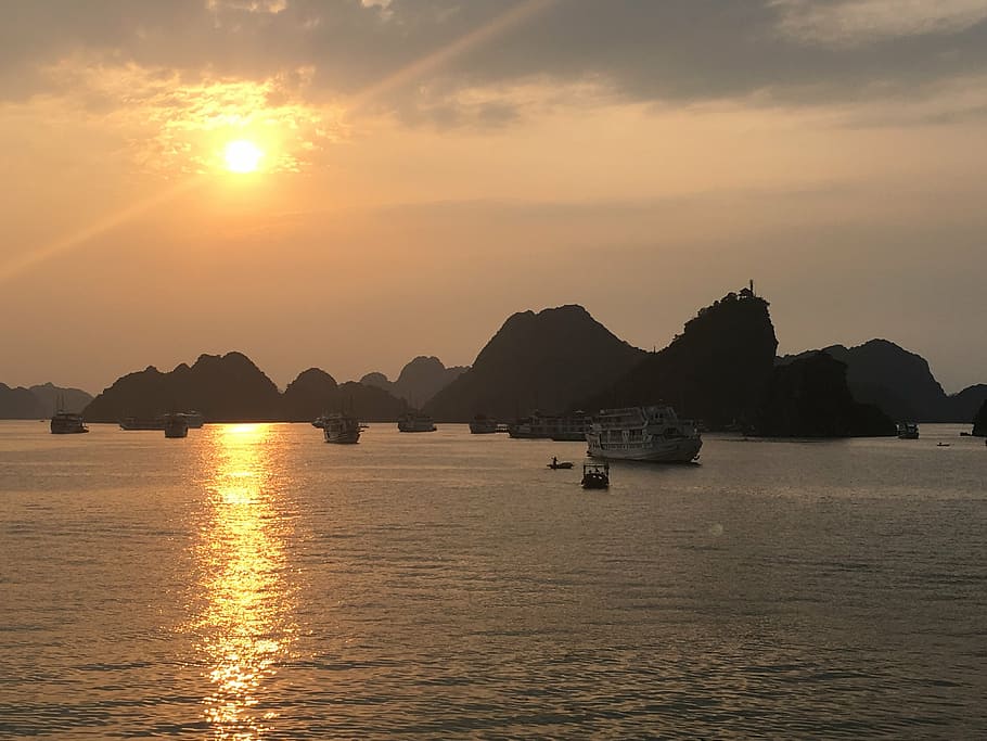 sunset, sea, halong bay, orange, ocean, sky, travel, water HD wallpaper