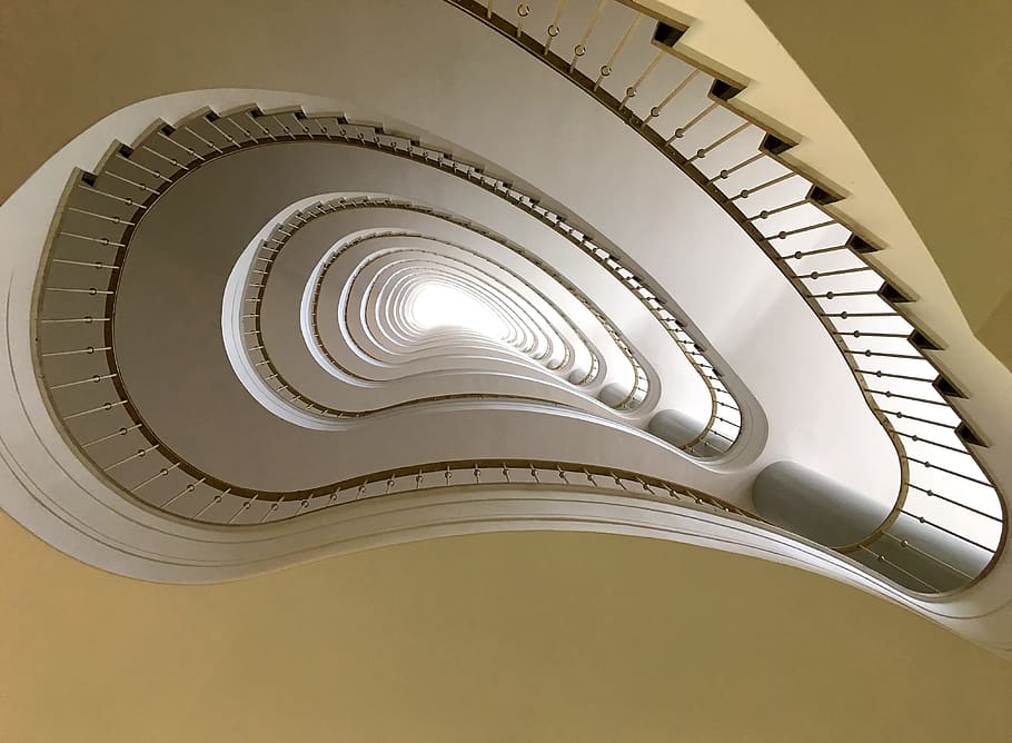 worms eye view of white spiral staircase, berlin, architecture