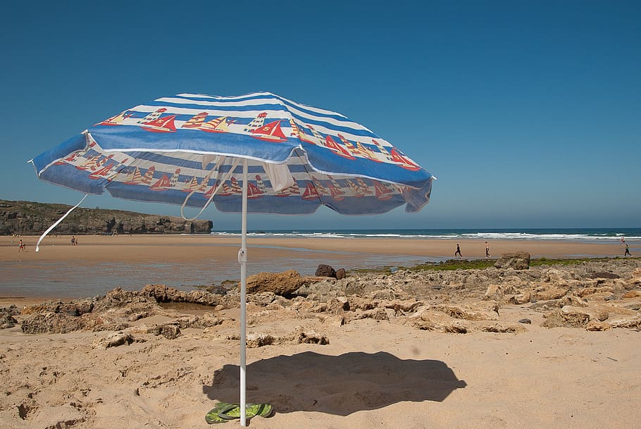 Beach, Parasol, Holiday, Ocean, cliff, sand, blue, sea, amusement park HD wallpaper