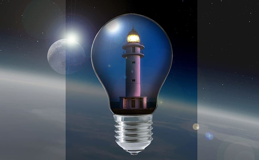 lighthouse inside bulb illustration, moon, space, clouds, pear HD wallpaper