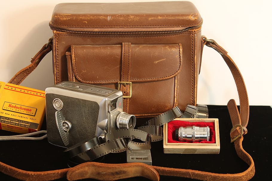 antique, camera, film, leather bag, lenses, keystone, olympic, HD wallpaper