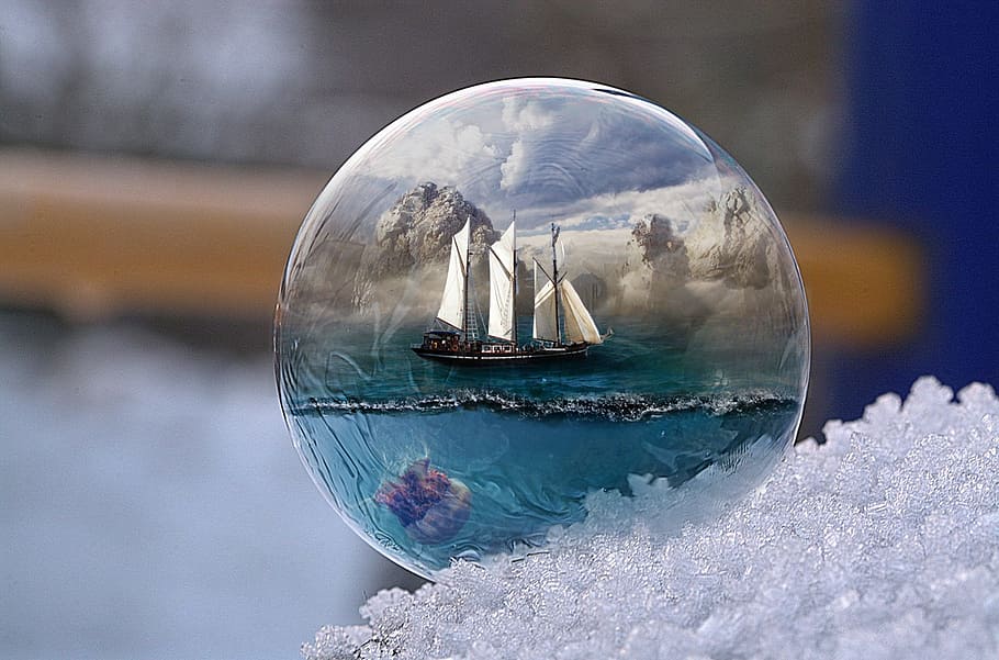 bubble, winter, ship, water, digital manipulation, cold temperature HD wallpaper
