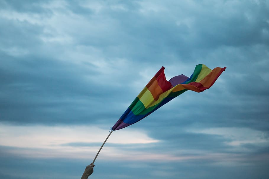 person holding up a LGBT flag, person raising blue and multicolored flag at daytime, HD wallpaper