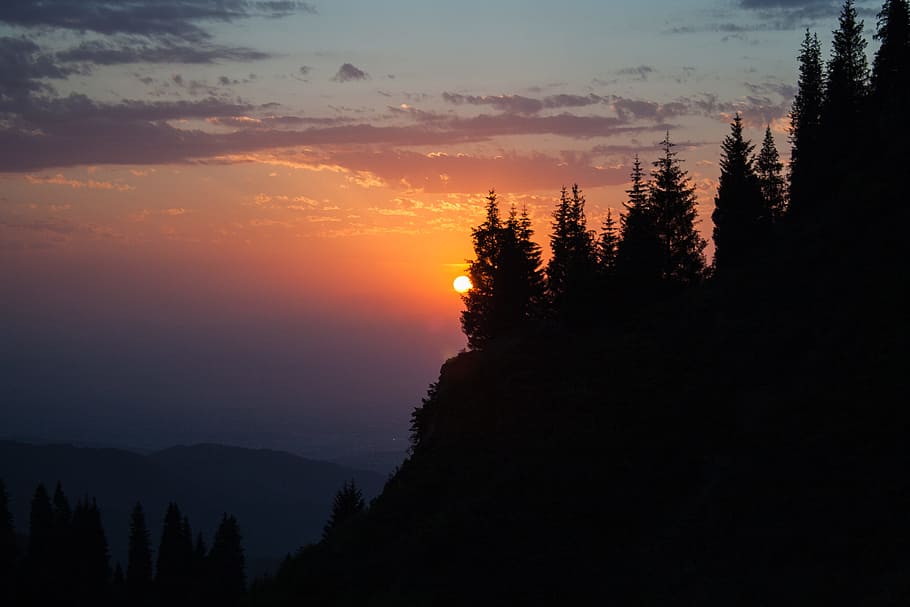 mountains, evening, sunset, sky, beauty in nature, tree, silhouette HD wallpaper