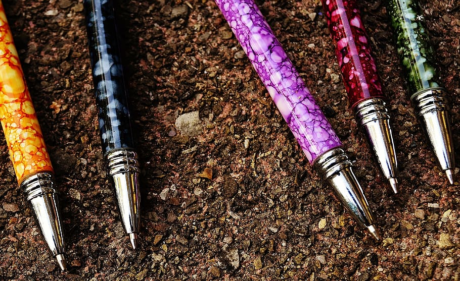pen, writing implement, leave, office, colorful, office accessories HD wallpaper