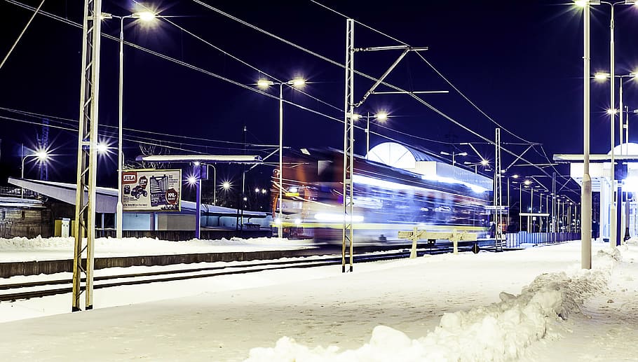 train station, motion, winter, speed, transportation, railway HD wallpaper
