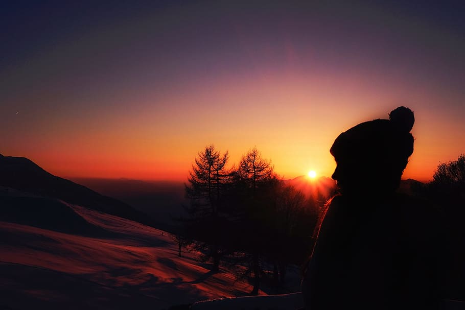 nature, mountains, trees, sun, sunset, people, silhouette, sky HD wallpaper