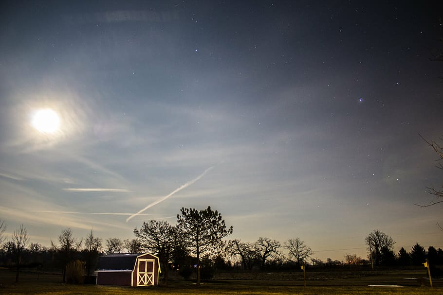 barn, clear sky, farm, moon, night, stars, sun, nature, astronomy HD wallpaper