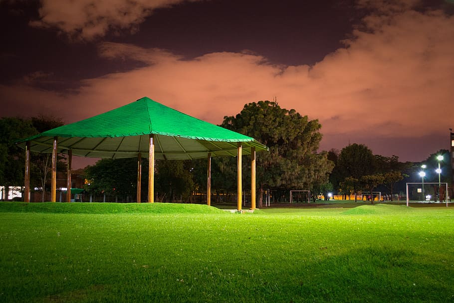 Kiosk, Green, Light, Light, Night, Night, Sky, landscape, grass HD wallpaper