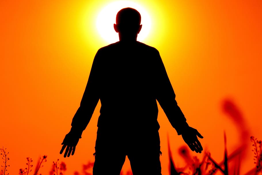silhouette of person standing on grass field in front of orange sunset, HD wallpaper