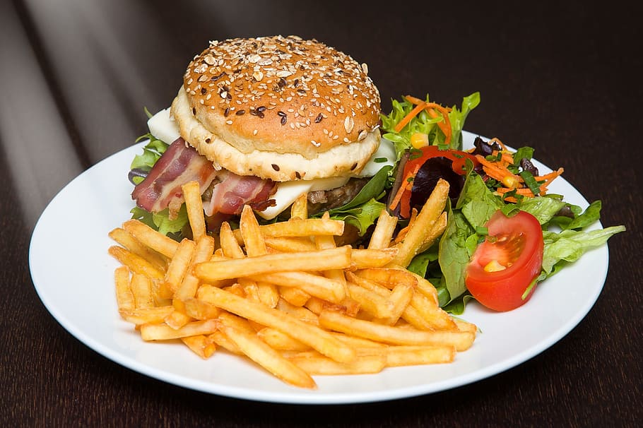 burger and fries on plate, Hamburger, Food, French Fries, salad, HD wallpaper