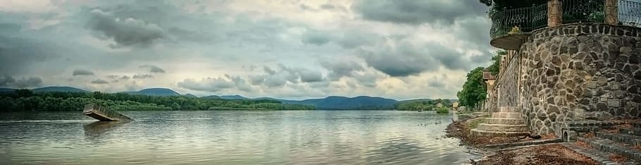 nature, danube, water, architecture, calm, mountain, lights HD wallpaper