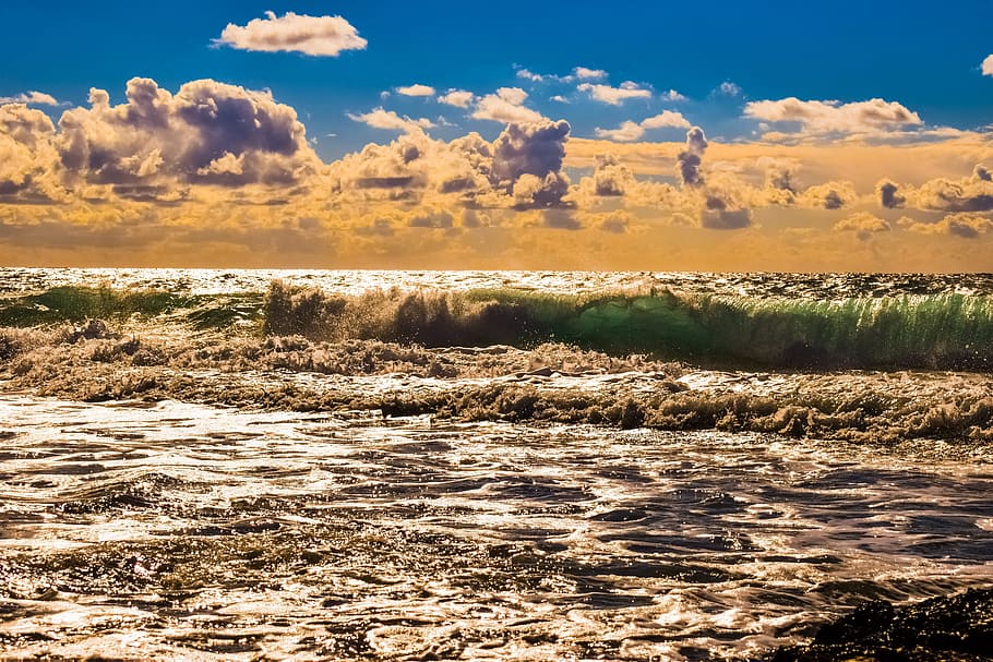 Sea, Wave, Clouds, Afternoon, sky, scenery, sunlight, colorful HD wallpaper