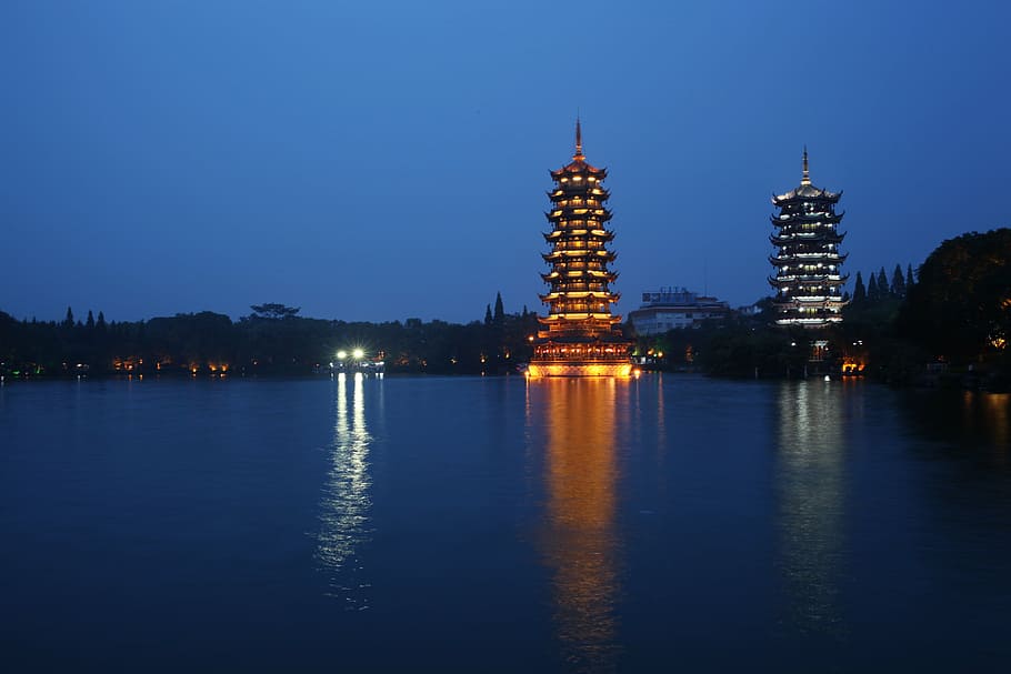 ancient tower, stupa, lake, night view, guilin, illuminated HD wallpaper