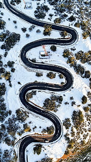 black road near trees at daytime, trees covered by snow, curve HD wallpaper