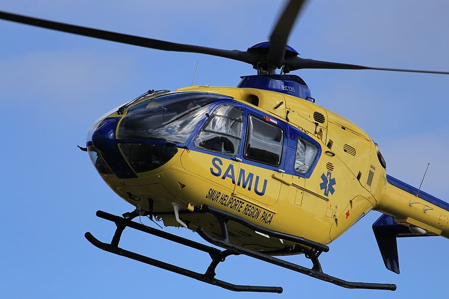 Helicopter, Samu, Emergency, transportation, blue, yellow, sky HD wallpaper