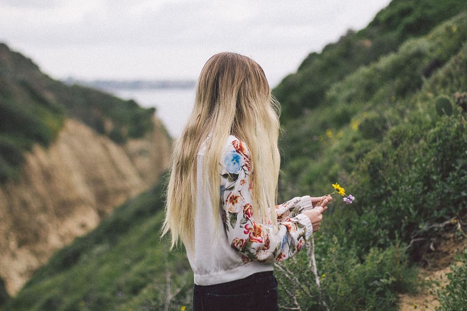 woman wearing white and red long-sleeved shirt holding yellow flower HD wallpaper