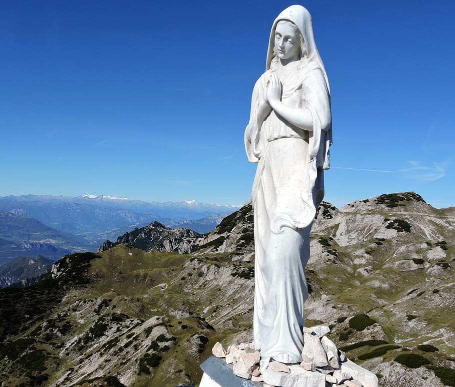 madonna, statue, mountain, small dolomites, veneto, italy, sky HD wallpaper
