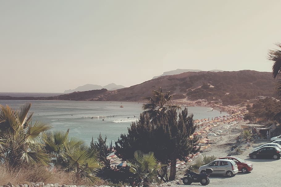 landscape, mountains, beach, sand, shore, coast, ocean, sea HD wallpaper