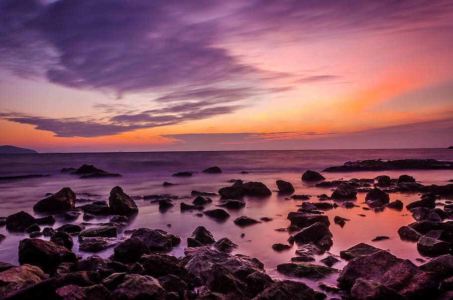 stones on body of water during sunset, nature, landscape, rocks HD wallpaper