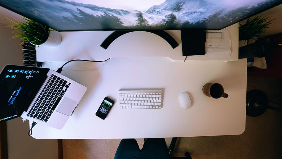 Apple keyboard and mouse near laptop, desk, clean, workspace HD wallpaper