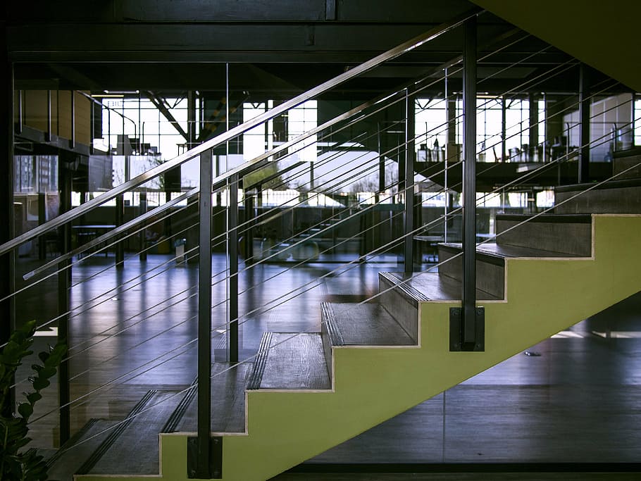 wooden staircase near glass window, europe, tekwill, office HD wallpaper
