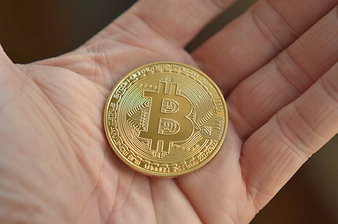 person holding round gold-colored Bitcoin coin, digital, money HD wallpaper