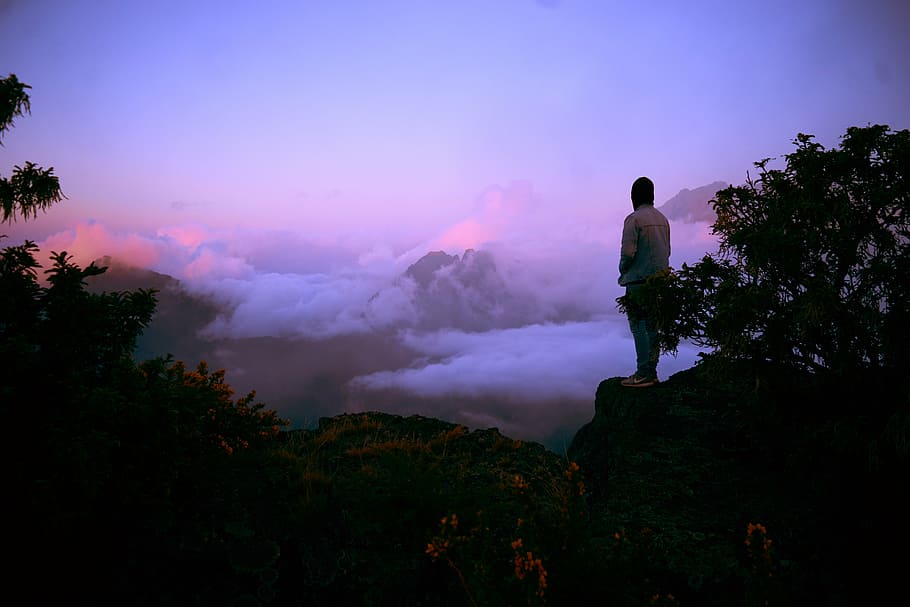 person standing on mountains during sunset, man, cliff, near, HD wallpaper